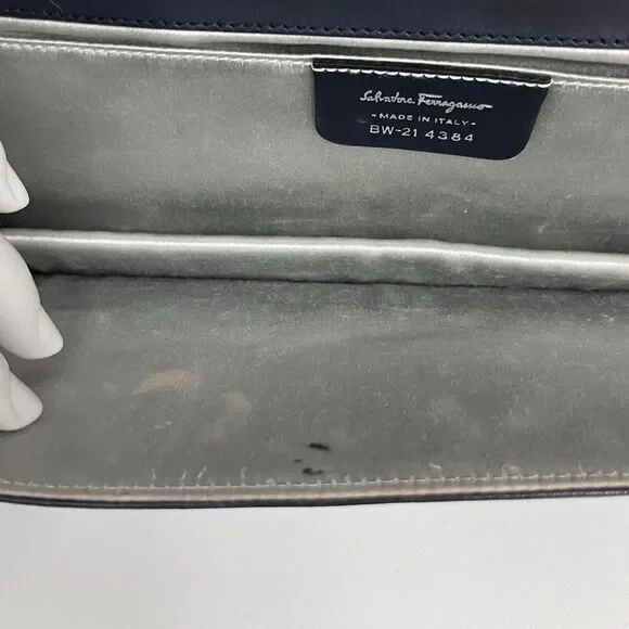 Vintage Salvatore Ferragamo Leather‎ Shoulder Bag or Clutch Navy Blue Rectangle - Picture 13 of 15